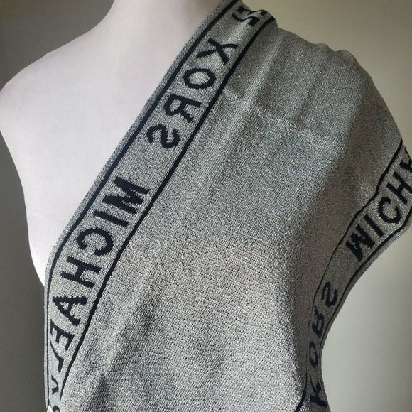 NWT MICHAEL KORS Women's Knit Long Scarf Logo Name Black & Metallic Silver Gift - Picture 7 of 8